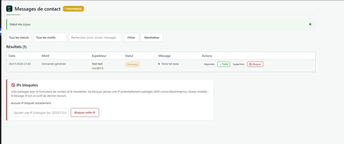 Back-office : Messages de contact